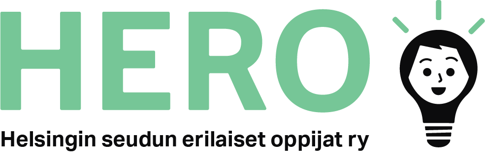 Logokuvassa teksti HERO Helsingin seudun erilaiset oppijat sekä kuvassa lampussa hymyilevä hahmo, joka kuvastaa oivaltamista/oppimista.