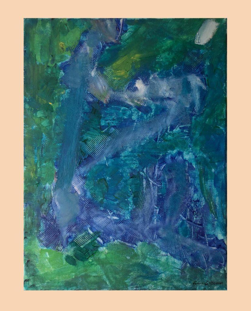 Abstraktissa akryylimaalauksessa sininen henki muodostuu vihreälle pohjalle.