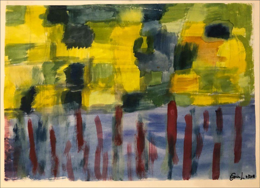 Abstraktissa akryylimaalauksessa peltomaisema näyttää tilkkutäkiltä. Horisontissa yhdistyy keltainen ja sininen.