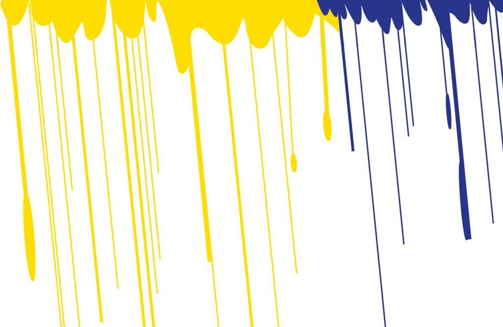 sateelta näyttävää grafiikkaa keltaisella ja sinisellä värillä