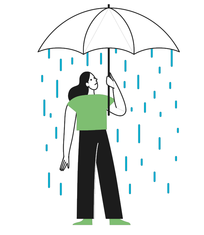 Piirretty henkilö sateenvarjo kädessään