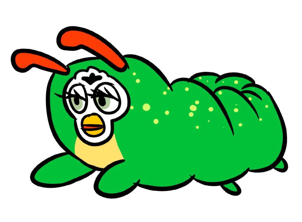 Piirros vihreästä toukan näköisestä furby-lelusta