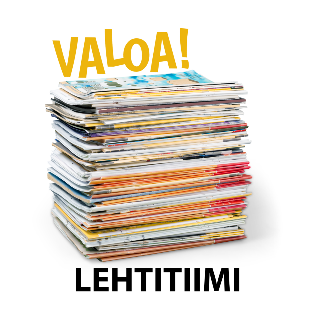 Valoa! -logon alla pinossa lehtiä ja teksti lehtitiimi