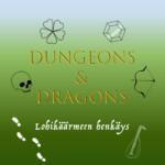 Kuvituskuva Dungeon & Dragons teksti kultaisin kirjaimin sinivihreallä liukuvärjätyllä taustalla.